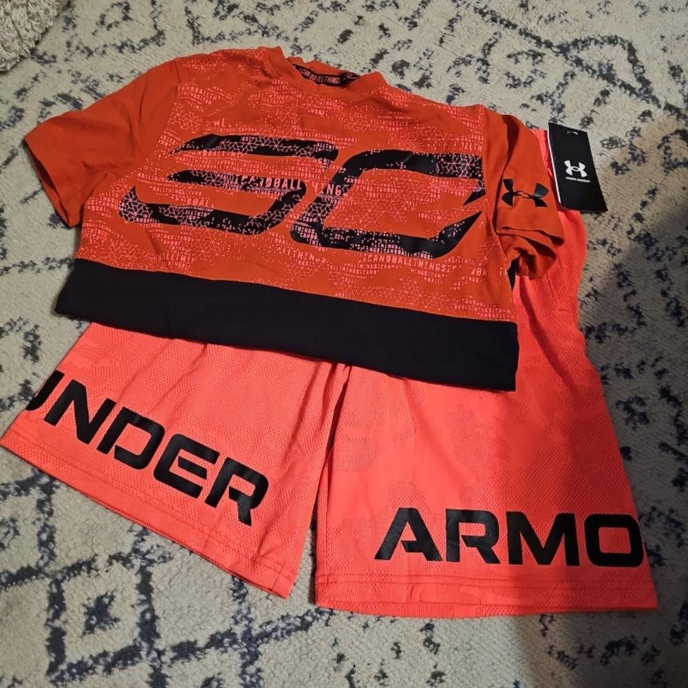 Under Armour Boys Bright Orange Black-Trim Athletic Tee & Shorts Set